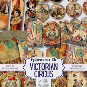 Puede incluir: Un kit de efímeras digital con temática de circo victoriano. El kit incluye 21 etiquetas, 15 boletos, 12 tarjetas ATC, 11 círculos, 5 bolsillos, 4 marcadores y 1 inserto de bolsillo. Las imágenes son de estilo vintage con una paleta de colores rojo, dorado y azul.