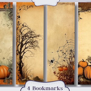 May include: Four printable bookmarks with a Halloween theme. The bookmarks feature a pumpkin, a tree, a spider web, and a pumpkin with a spider web.