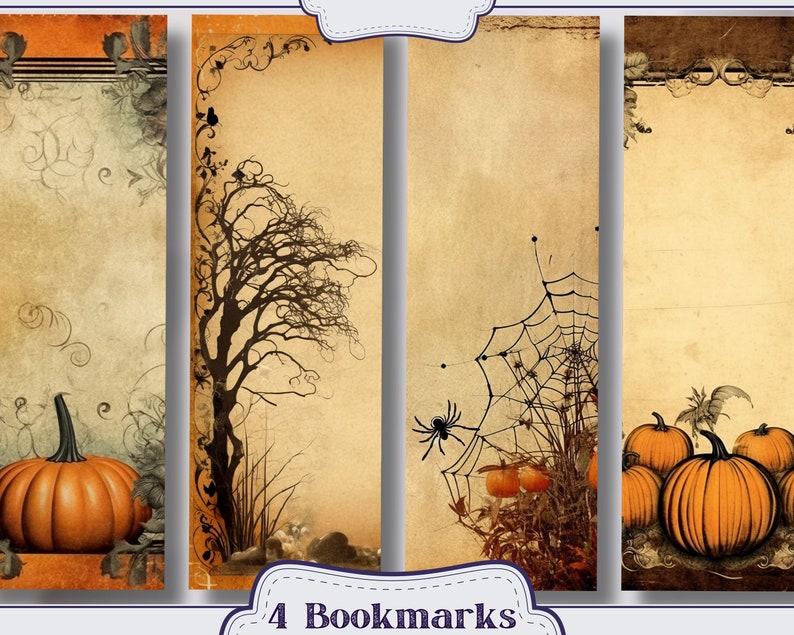 May include: Four printable bookmarks with a Halloween theme. The bookmarks feature a pumpkin, a tree, a spider web, and a pumpkin with a spider web.
