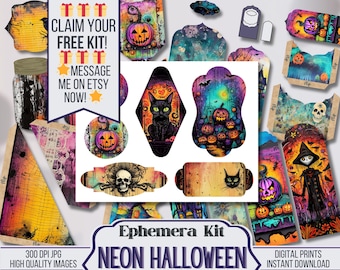 May include: A digital printable ephemera kit with a neon Halloween theme. The kit includes images of a black cat, a skull, pumpkins, a witch, and other Halloween-themed elements. The kit is available for instant download.