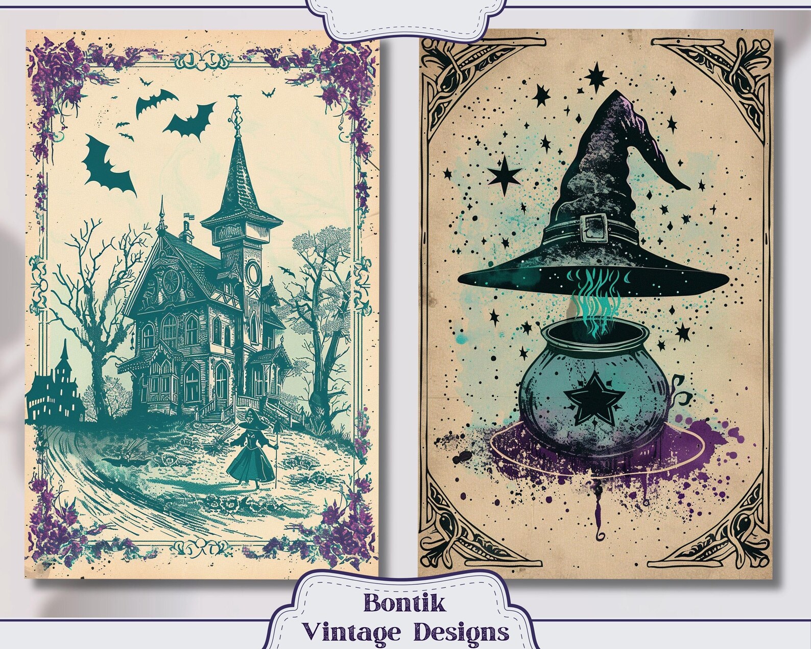 Purple and Teal Witch Halloween Junk Journal Pages, A5 Junk Journal ...