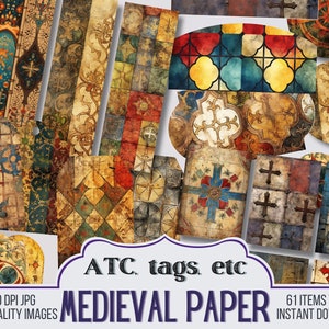 Peut inclure: Un pack de papier numérique avec 61 images de motifs et de designs de style médiéval. Les images présentent des vitraux, des carreaux et d'autres éléments décoratifs dans une variété de couleurs, notamment le rouge, le bleu, le vert, le jaune et le brun. Les images sont parfaites pour le scrapbooking, la fabrication de cartes et autres projets d'artisanat.