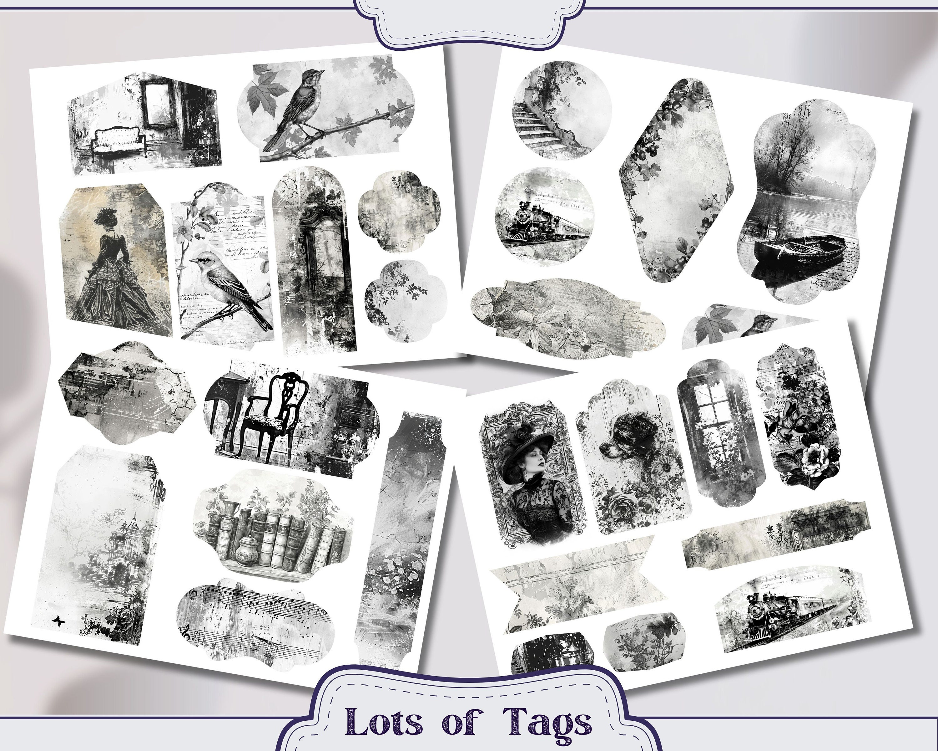 Vintage Black and White Pages Junk Journal Kit Ephemera, ATC, Tags ...