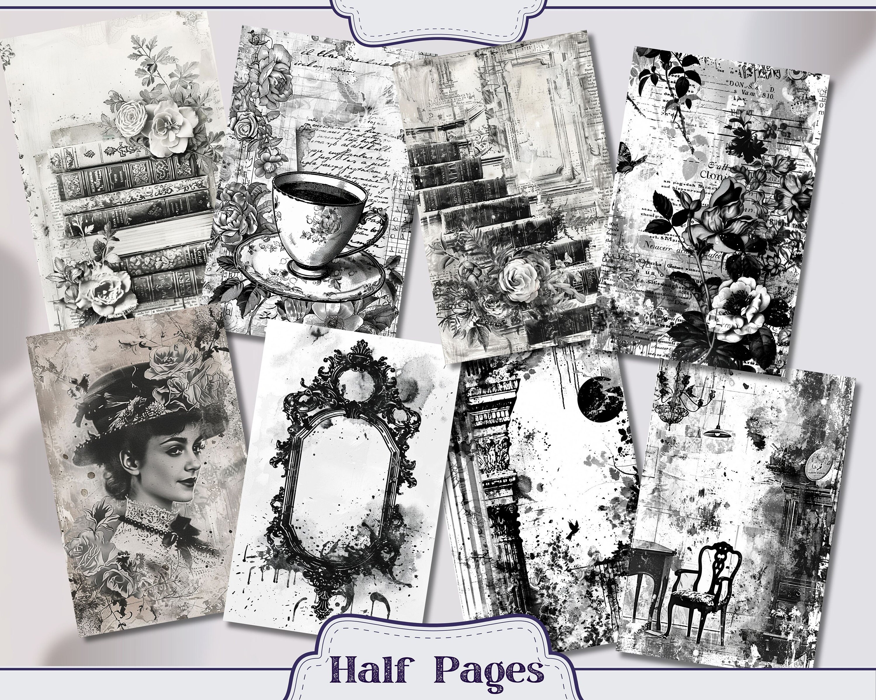 Vintage Black and White Pages Junk Journal Kit Ephemera, ATC, Tags ...
