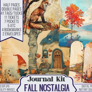 Fall Nostalgia Junk Journal Kit includes 40 Printable Pages & 81 Autumn Ephemera and 8 Fussy Cut Sheets available for Instant Download