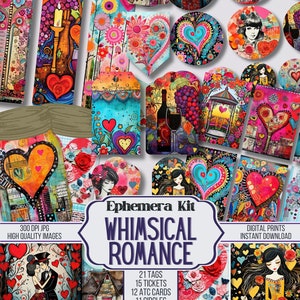 Kit de diario basura Whimsical Romance Valentine's Junk Journal Ephemera, boletos, ATC, etiquetas, bolsillo, suministros para álbumes de recortes, 69 artículos digitales, digitales, imprimibles