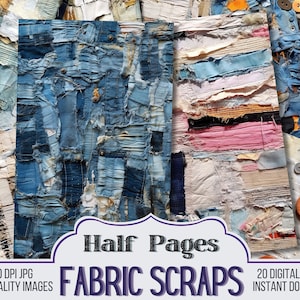 Fabric Scraps Vintage Junk Journal Half Papers, Scrapbook Supply - 20 Denim Textile Style Embroidered Junk Journal Pages, Digital Download