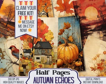 May include: A digital collage of autumn-themed images, including a house, a pumpkin, leaves, and a bird. The collage is made up of different textures and colors, creating a warm and inviting feel. The text "Half Pages Autumn Echoes" is at the bottom of the collage.