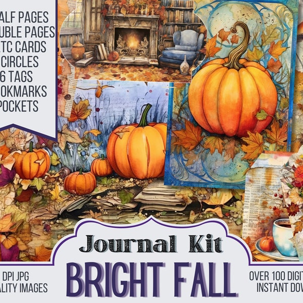 Bright Fall Junk Journal Kit Ephemera, ATC, Tags, Pocket, Scrapbook Supply, Halloween Pages, Over 100 Digital Items, 38 Journal Pages