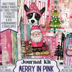 May include: A digital scrapbooking kit with a pink and white color scheme. The kit includes half pages, double pages, tags, tickets, pockets, ATC cards, bookmarks, and envelopes. The kit features a variety of images, including a dog, a snowman, a Christmas tree, and a penguin. The text "Merry in Pink" is featured on the kit.