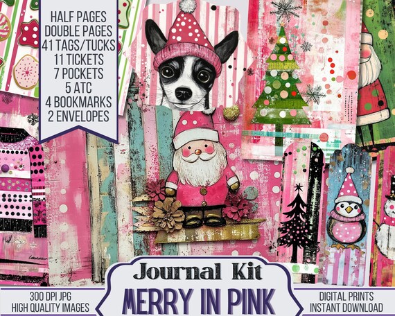 Merry in Pink Junk Journal Kit Ephemera, ATC, Tags, Pocket, Scrapbook Supply, Christmas, Over 100 Digital Items, Xmas Printable