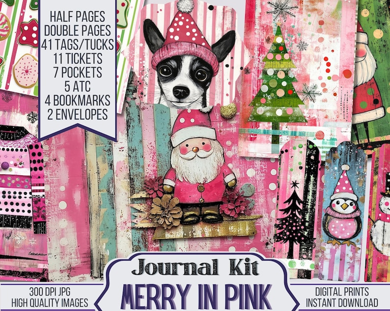 May include: A digital scrapbooking kit with a pink and white color scheme. The kit includes half pages, double pages, tags, tickets, pockets, ATC cards, bookmarks, and envelopes. The kit features a variety of images, including a dog, a snowman, a Christmas tree, and a penguin. The text "Merry in Pink" is featured on the kit.