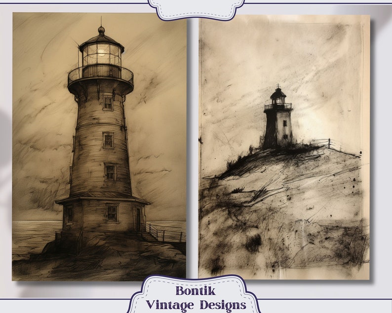 Pencil Drawn Old Lighthouse Vintage Junk Journal Half Papers, Scrapbook ...