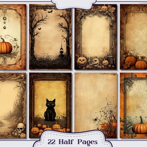 May include: Set of 22 vintage-style Halloween themed half-page printable scrapbook paper designs. The papers feature pumpkins, skulls, spiders, and other Halloween imagery.