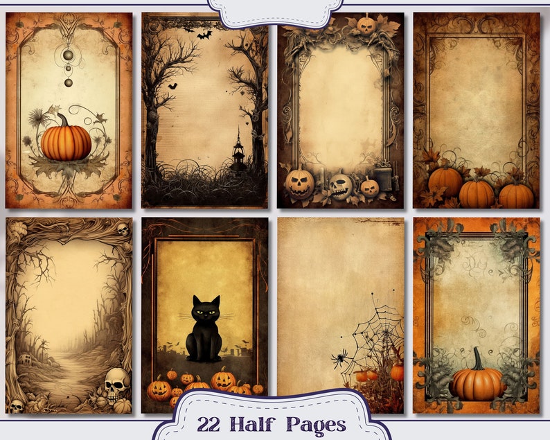 May include: Set of 22 vintage-style Halloween themed half-page printable scrapbook paper designs. The papers feature pumpkins, skulls, spiders, and other Halloween imagery.
