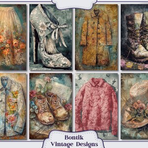 May include: A collage of vintage-inspired illustrations featuring a variety of clothing and accessories. The images include a floral skirt, a pair of high-heeled shoes, a brown coat, a pair of brown boots, a denim jacket, a pair of brown shoes, a pink sweater, and a straw hat with flowers.
