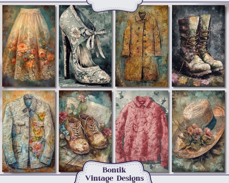 May include: A collage of vintage-inspired illustrations featuring a variety of clothing and accessories. The images include a floral skirt, a pair of high-heeled shoes, a brown coat, a pair of brown boots, a denim jacket, a pair of brown shoes, a pink sweater, and a straw hat with flowers.
