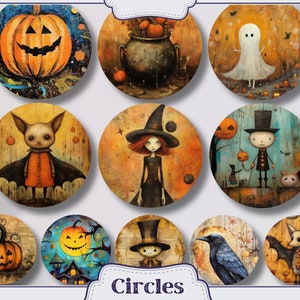 K&ouml;nnte beinhalten: Satz von zehn runden Halloween-Illustrationen. Die Illustrationen zeigen eine Vielzahl von gruseligen Figuren und Objekten, darunter einen K&uuml;rbis, ein Gespenst, eine Fledermaus, eine Hexe, eine Kr&auml;he und einen K&uuml;rbis. Die Illustrationen sind in einem skurrilen Stil mit einer Mischung aus leuchtenden und ged&auml;mpften Farben gemalt.