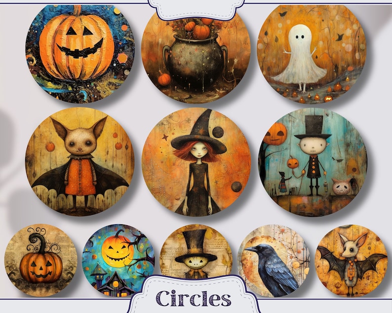 K&ouml;nnte beinhalten: Satz von zehn runden Halloween-Illustrationen. Die Illustrationen zeigen eine Vielzahl von gruseligen Figuren und Objekten, darunter einen K&uuml;rbis, ein Gespenst, eine Fledermaus, eine Hexe, eine Kr&auml;he und einen K&uuml;rbis. Die Illustrationen sind in einem skurrilen Stil mit einer Mischung aus leuchtenden und ged&auml;mpften Farben gemalt.