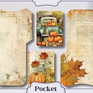 K&ouml;nnte beinhalten: Eine Vintage-Tasche mit rustikalem Hintergrund, auf dem ein mit K&uuml;rbissen beladener LKW, ein Herbstblatt und eine Rose mit einem K&uuml;rbis zu sehen sind. Die Tasche ist perfekt, um Ihren Bastelarbeiten einen Hauch von Herbstzauber zu verleihen.