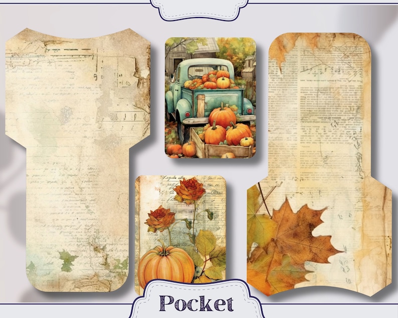 K&ouml;nnte beinhalten: Eine Vintage-Tasche mit rustikalem Hintergrund, auf dem ein mit K&uuml;rbissen beladener LKW, ein Herbstblatt und eine Rose mit einem K&uuml;rbis zu sehen sind. Die Tasche ist perfekt, um Ihren Bastelarbeiten einen Hauch von Herbstzauber zu verleihen.