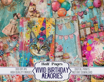 Puede incluir: Un collage digital de imágenes coloridas con temática de cumpleaños. El collage incluye un gato con un gorro de fiesta, globos, regalos y un pastel. El texto "Half Pages Vivid Birthday Memories" está en la parte inferior del collage.