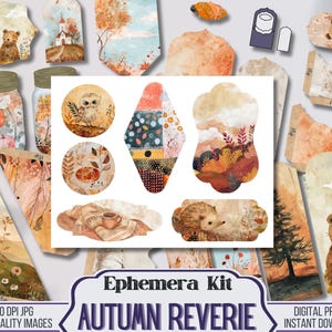 Afdrukbaar ephemera-pakket herfstmijmer, afdrukbare herfst-ATC, zakken, tags, enveloppen, Ephemera-kit voor ongewenste dagboeken, benodigdheden voor scrapbooking