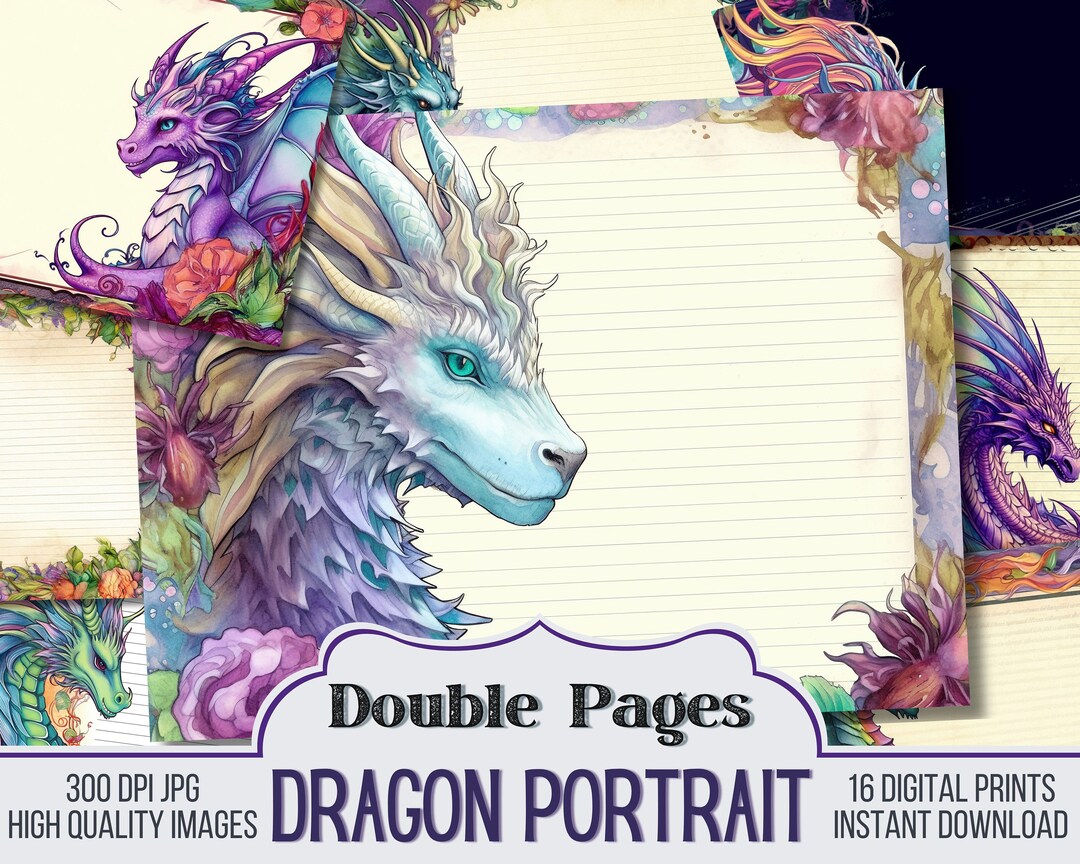 Dragon Portrait Blank Lined Pages Vintage Junk Journal Paper, Journal ...