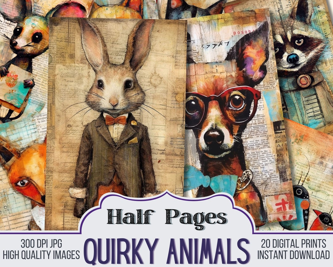 Quirky Animals on Ephemera Vintage Junk Journal Half Papers, Journal ...