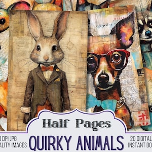 Quirky Animals on Ephemera Vintage Junk Journal Half Papers, Journal Scrapbook Supply - 20 Junk Journal Pages - Ephemera, Vintage Pages