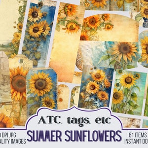 Op de afbeelding: Een digitale collage-sheet met 61 afbeeldingen van zonnebloemen in verschillende stijlen en kleuren. De afbeeldingen zijn perfect voor knutselen, scrapbooking en digitale ontwerp projecten. De tekst "ATC, tags, etc. SUMMER SUNFLOWERS" is opgenomen in de afbeelding.