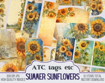 May include: A digital collage sheet featuring 61 images of sunflowers in various styles and colors. The images are perfect for crafting, scrapbooking, and digital design projects. The text "ATC, tags, etc. SUMMER SUNFLOWERS" is included in the image.