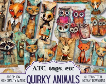 Könnte beinhalten: Ein Set mit 61 digitalen druckbaren Etiketten mit skurrilen Tierillustrationen. Die Etiketten sind im Collage-Stil mit einer Vielzahl von Farben und Texturen gestaltet. Zu den Tieren gehören Füchse, Eulen, Katzen, Kaninchen und ein Waschbär. Der Text "ATC, tags, etc" und "QUIRKY ANIMALS" ist im Bild enthalten.