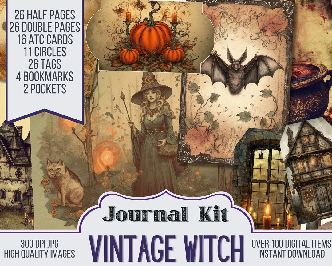 Vintage Witch Junk Journal Kit Ephemera, ATC, Tags, Pocket, Scrapbook ...