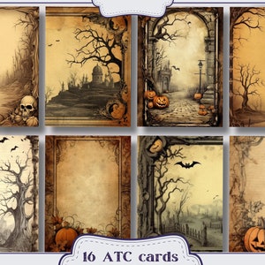 May include: Set of 16 printable ATC cards featuring spooky Halloween illustrations. The cards have a vintage, aged paper look with images of trees, pumpkins, and a skull.  The cards are perfect for crafting and scrapbooking.