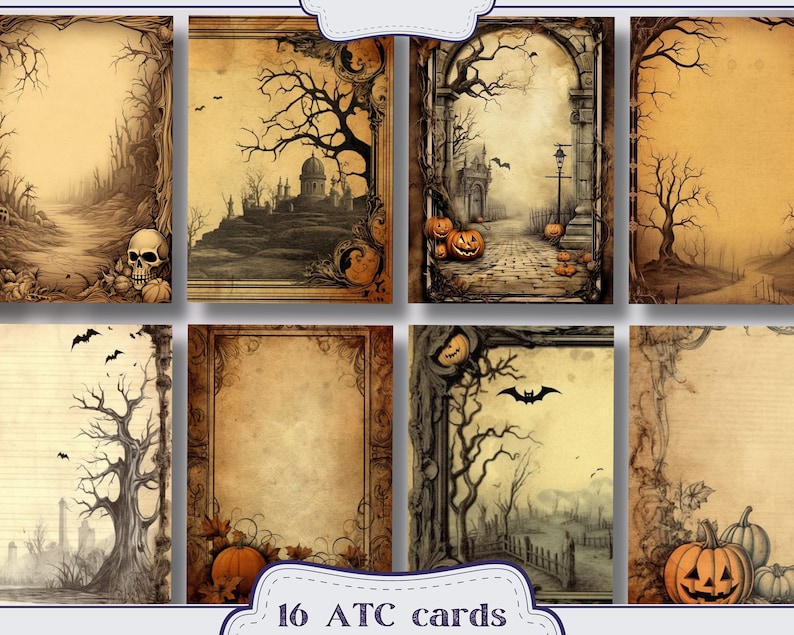 May include: Set of 16 printable ATC cards featuring spooky Halloween illustrations. The cards have a vintage, aged paper look with images of trees, pumpkins, and a skull.  The cards are perfect for crafting and scrapbooking.