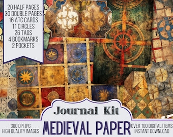Medieval Parchment Paper Journal Kit Ephemera, ATC, Tags, Pocket, Scrapbook Supply, Over 100 Digital Items, 50 Journal Pages