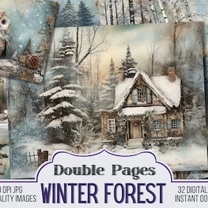 Mixed Media Winter Forest Vintage Junk Journal Double Papers, Scrapbook Supply - 32 Christmas Journal Pages, Vintage Pages, Digital Download