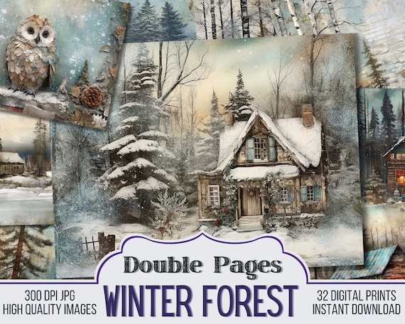 Mixed Media Winter Forest Vintage Junk Journal Double Papers, Scrapbook Supply - 32 Christmas Journal Pages, Vintage Pages, Digital Download