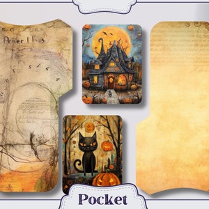 K&ouml;nnte beinhalten: Ein Satz von vier druckbaren Halloween-Taschenkarten mit Vintage-inspirierten Designs. Die Karten beinhalten eine schwarze Katze, ein Spukhaus und zwei verschiedene gemusterte Hintergr&uuml;nde.