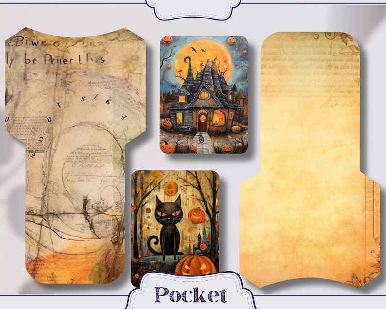K&ouml;nnte beinhalten: Ein Satz von vier druckbaren Halloween-Taschenkarten mit Vintage-inspirierten Designs. Die Karten beinhalten eine schwarze Katze, ein Spukhaus und zwei verschiedene gemusterte Hintergr&uuml;nde.