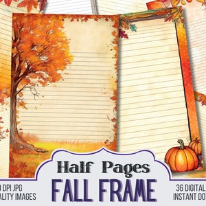 Puede incluir: Un conjunto de 36 papeles digitales imprimibles de media página con un tema otoñal. Los papeles tienen fondos rayados con hojas de otoño y un árbol con hojas naranjas. El texto "Half Pages FALL FRAME" está en la parte inferior de la imagen.