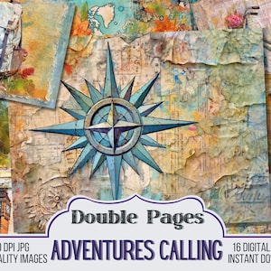 Adventures Calling Junk Journal Papers, Journal Scrapbook Supply - 16 Travel Style Junk Journal Pages -  Vintage Pages