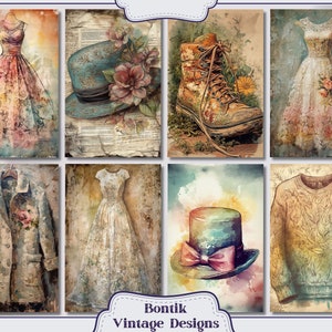 May include: A collage of vintage-inspired illustrations featuring a variety of clothing and accessories. The images include a pink dress, a blue hat, a brown boot, a white dress, a blue hat with a pink bow, a gray coat, and a brown sweater.