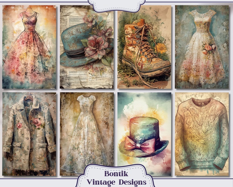 May include: A collage of vintage-inspired illustrations featuring a variety of clothing and accessories. The images include a pink dress, a blue hat, a brown boot, a white dress, a blue hat with a pink bow, a gray coat, and a brown sweater.