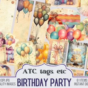 Birthday Party Junk Journal Ephemera, ATC cards, Tags, Pocket, Circles, Journal Scrapbook Supply, 61 Birthday Style Ephemera, Vintage Page