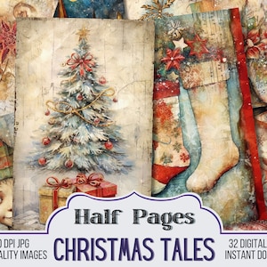 Christmas Tales Vintage Junk Journal Half Papers, Scrapbook Supply - 32 Winter Xmas Junk Journal Pages, Vintage Page, Digital Download