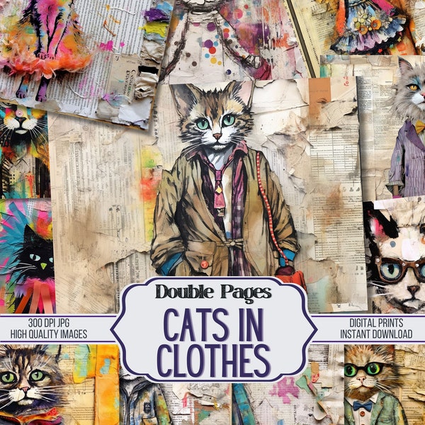 Cats in Clothes on Ephemera Junk Journal Double Papers, 18 Decorative Printable Background Pages, Scrapbook Supplies, Digital Download