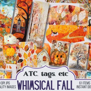 May include: A digital download of 61 whimsical fall themed images, including pumpkins, leaves, houses, and trees. The images are perfect for crafting, scrapbooking, and digital design.  The text "ATC tags etc. WHIMSICAL FALL" is included in the image.