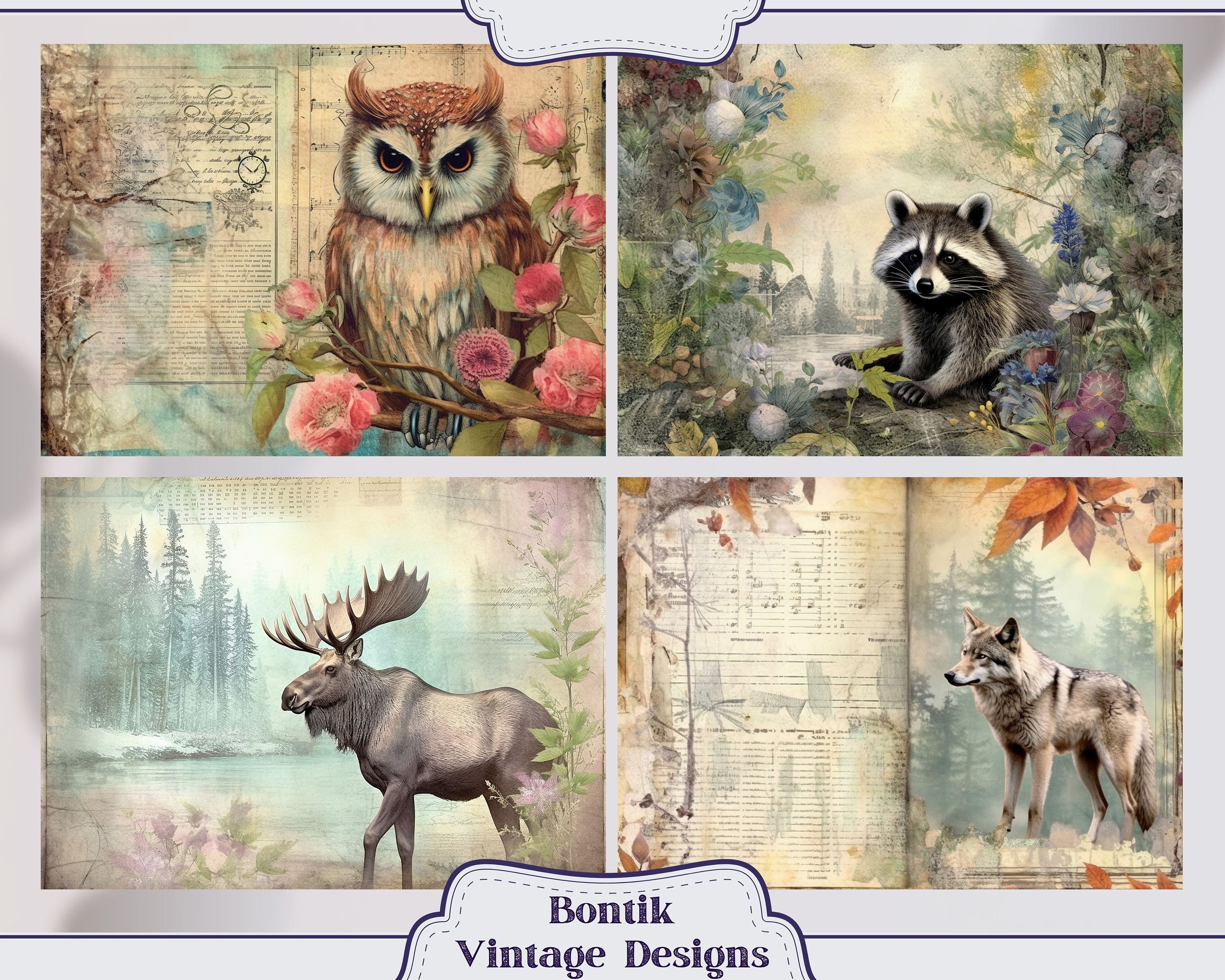 Forest Animals Vintage Junk Journal Double Papers, Scrapbook Supply ...